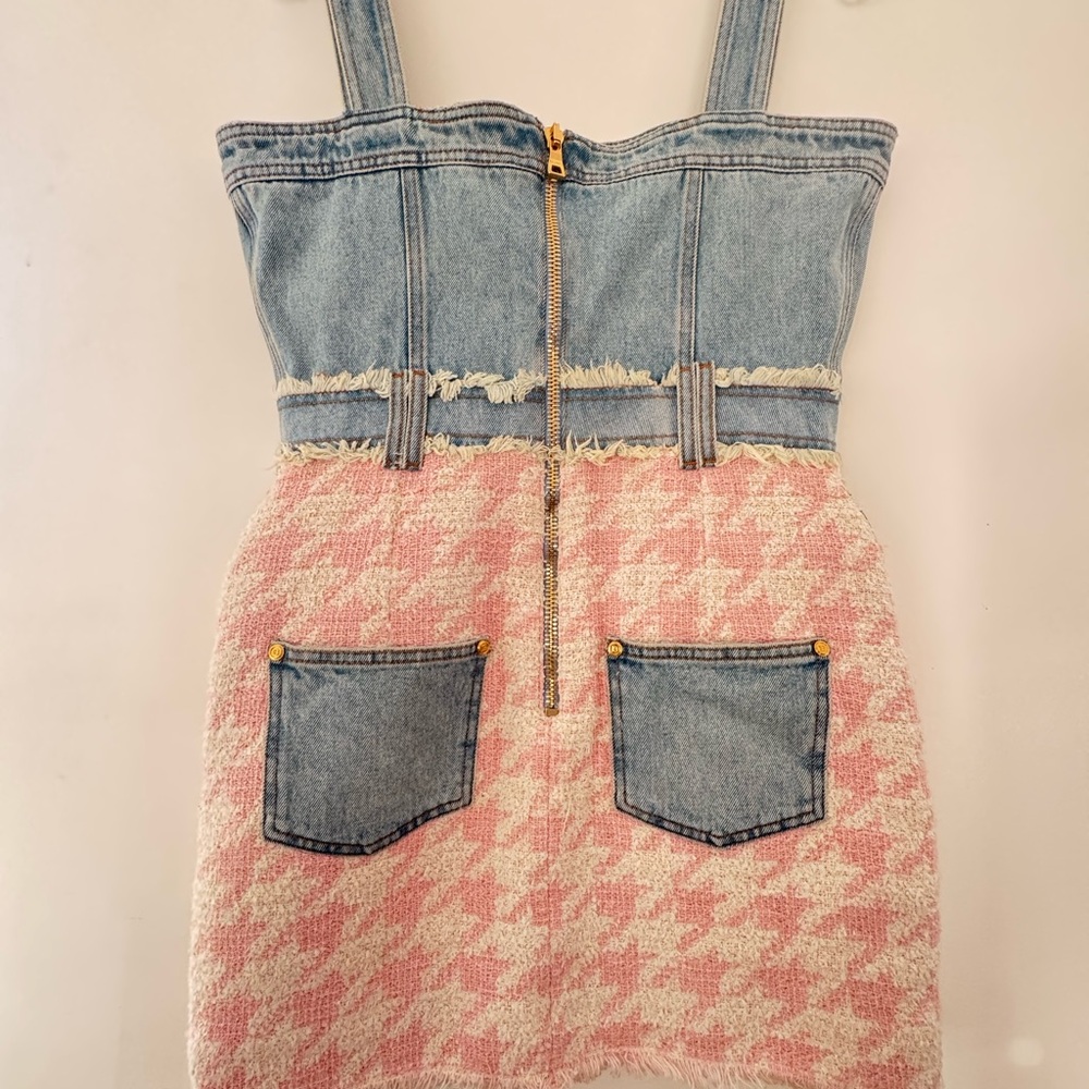 Balmain Paris Denim & Pink Tweed Houndstooth Mini Dress with Gold Buttons - Picture 7 of 13